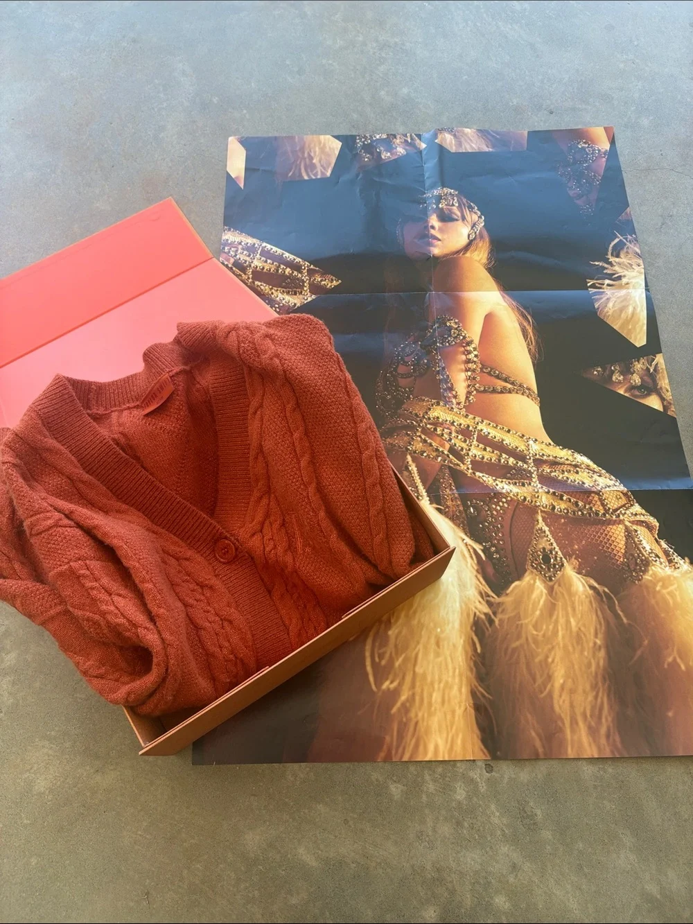 Bundle: Taylor Swift orange  metallic cardigan and matching box and poster